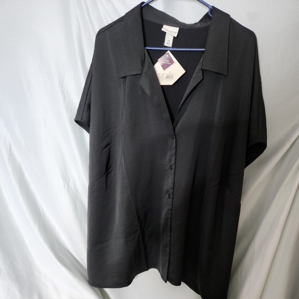 Ava & Viv Women's Satin Short Sleeve Button-Front Shirt Black - Picture 12 of 12